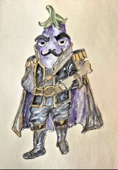 A hand-drawn sketch of a character resembling an eggplant or fruit creature dressed in royal or military attire with armor and a cape, wearing a crown-like stem on its head.