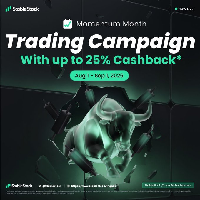 A promotional graphic for StableStock's 'Momentum Month Trading Campaign' offering up to 25% cashback from Aug 1 - Sep 1, 2026, featuring a translucent bull charging through a dark background.
