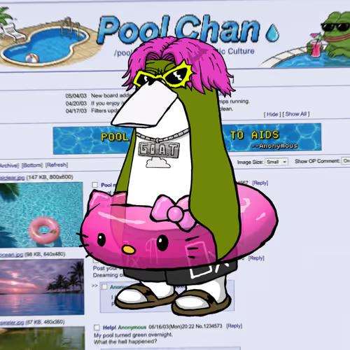 A cartoon character with pink hair, sunglasses, and a 'CIAT' chain necklace, wearing a pink Hello Kitty inner tube floatie, overlaid on a screenshot of the PoolChan imageboard website.