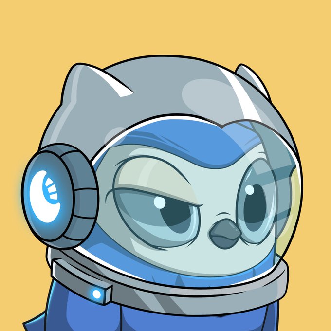 A cartoon-style illustration of an owl-like character wearing a futuristic blue and gray astronaut helmet with a glowing blue circular detail on the side.