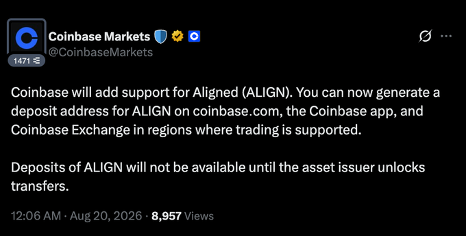 The image shows a tweet from Coinbase Markets (@CoinbaseMarkets) announcing that Coinbase will add support for Aligned (ALIGN), allowing users to generate deposit addresses on coinbase.com, the Coinbase app, and Coinbase Exchange, though deposits will not be available until the asset issuer unlocks transfers. This relates to the accompanying post about holding $ALIGN until a $3B FDV, as the Coinbase listing support serves as a catalyst for the upcoming TGE scheduled for tomorrow at 15:00 UTC.