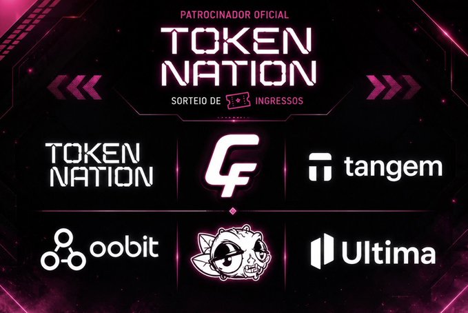 The image features a poster for an event called "Taken Nation" that includes logos of several companies, such as "OOBIT", "ULTIMA", and "Tangem". The poster also has text about a live giveaway with prizes and mentions sponsors like "BlowFlyHQ" and "tokennation-io".