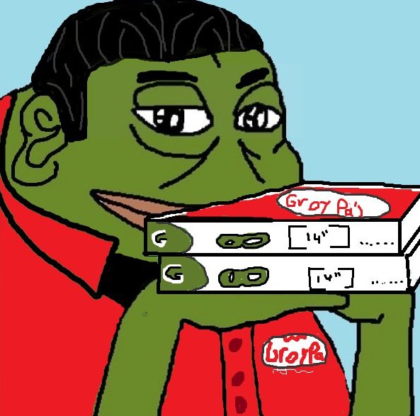 A cartoonish green-skinned character wearing a red shirt and black beanie holds two stacked pizza boxes, each labeled with 'G' ratings and sizes of 14" and 16", with 'Groy Pi's' and 'Groyk' branding visible.