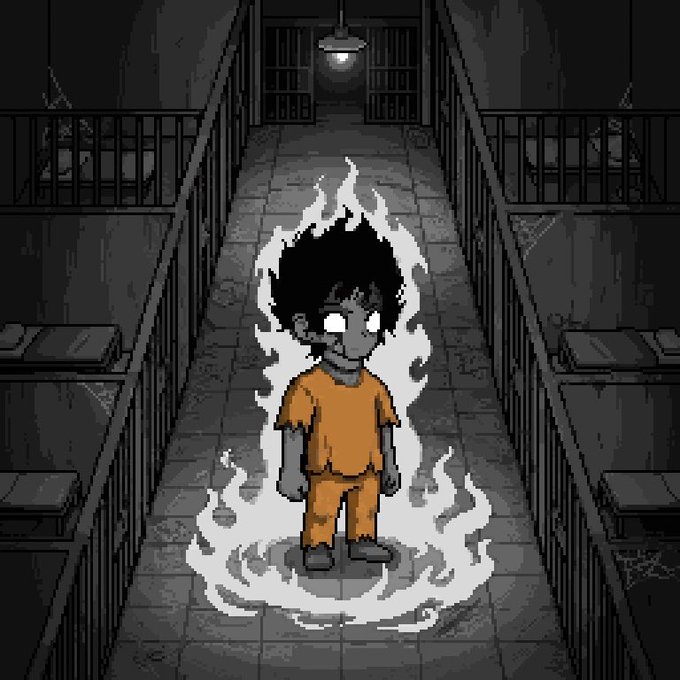A pixel art illustration of a young boy in an orange prison uniform standing in a dark, shadowy prison cellblock corridor, surrounded by white flames emanating from his body.