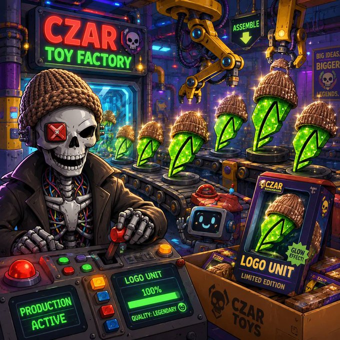 A cyberpunk skeleton worker at the "CZAR TOY FACTORY" operates a glowing green assembly line producing "LOGO UNIT" toy figures (notably resembling the Robinhood/WIF mascot), with packaging labeled "GLOW EFFECT! LIMITED EDITION" and crates marked "CZAR TOYS," visually playing on Robinhood's onboarding imagery and the $WIF meme coin referenced in the tweet.