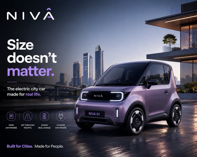 An advertisement for the NIVA 01 electric city car with the tagline 'Size doesn't matter. The electric city car made for real life.' featuring a small purple vehicle with features like 'PARK ANYWHERE', '2P THROUGH TRAFFIC', '200KM REAL RANGE', and 'CHARGE ANYWHERE'.