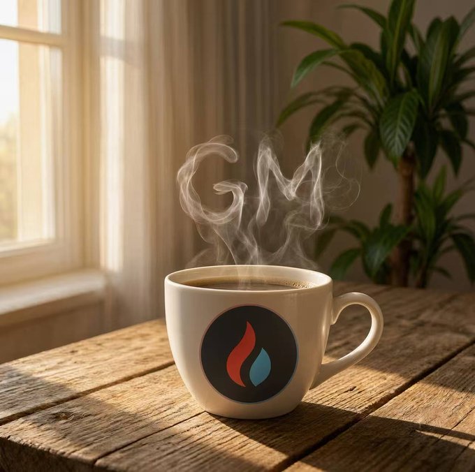 A white ceramic coffee mug with a flame logo sits on a wooden table by a sunlit window, with steam rising in a swirl shape and a green plant in the background.