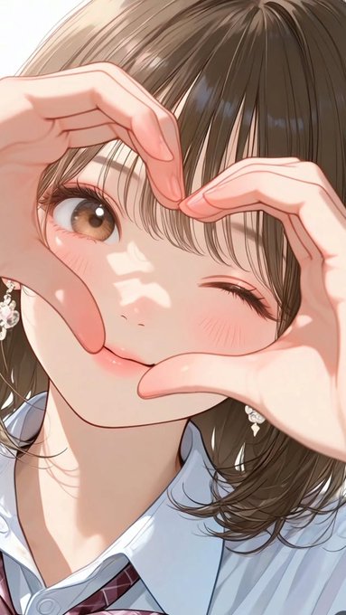 An anime-style illustration of a brown-haired girl winking and making a heart shape with her hands in front of her face.