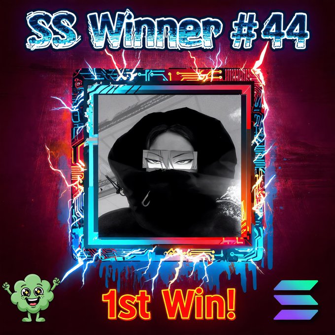 A graphic card celebrating 'SS Winner #44' with '1st Win!' text, featuring a black-and-white photo of a hooded figure framed by a neon circuit-board border with lightning effects.