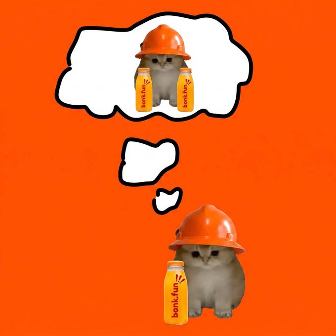 A cute cat wearing an orange construction hard hat sits next to a bottle labeled "bonk.fun," daydreaming in a thought bubble about having two bottles. The image humorously captures Monday vibes, suggesting the cat is longing for more energy (or Bonk) to power through the start of the work week.
