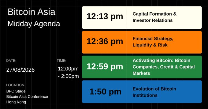 Agenda graphic for Bitcoin Asia Midday Agenda on 27/08/2026 from 12:00pm to 2:00pm at BFC Stage, Hong Kong, listing sessions like 'Capital Formation & Investor Relations' at 12:13 pm and 'Evolution of Bitcoin Institutions' at 1:50 pm.
