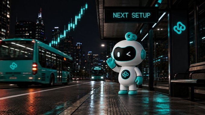 A cute white and cyan robot mascot waving at a bus stop with a 'NEXT SETUP' digital sign, while a glowing cyan trading chart is overlaid on a city skyline at night with a teal bus passing by.