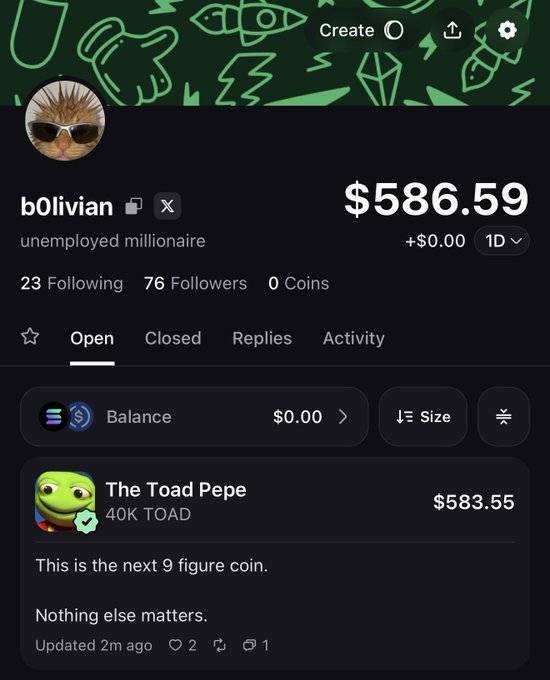 The image shows a Polymarket profile for "b0livian" (described as an "unemployed millionaire") displaying $586.59 in total positions, with a notable holding of "The Toad Pepe" (40K TOAD) valued at $583.55. The post promotes a Telegram giveaway of $TOAD coins, which aligns with the profile's significant TOAD token holdings being showcased.