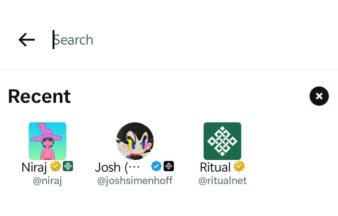 A search history screen displays three recent profiles: "Niraj" (@niraj) with a witch character avatar, "Josh" (@joshsimenhoff) with a cartoon avatar, and "Ritual" (@ritualnet) with a green geometric logo. The image visually represents the post's question about recent search history, showcasing the user's three most recent searches for these accounts.