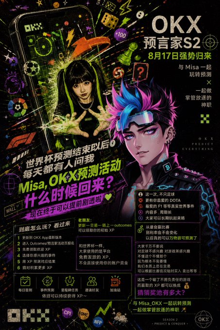 The image is a vibrant promotional poster for "OKX 预言家 S2" (OKX Prophet Season 2), featuring anime-style illustrations of a girl with green glowing hands and a pink-haired character with goggles, announcing a return on August 17 ("8月17日强势归来") with text about continuing Prophet predictions after the World Cup and rewarding users with XP. The poster lists six gameplay features on the left ("到底怎么玩？") and prediction guidelines on the right ("猜猜奖池有多大"), promoting OKX's gamified crypto prediction experience as described in the post.