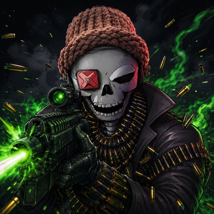 A vibrant digital illustration of a skull-faced character wearing a knit beanie and bandoliers, aiming a futuristic rifle that emits green energy amid flying bullet casings.