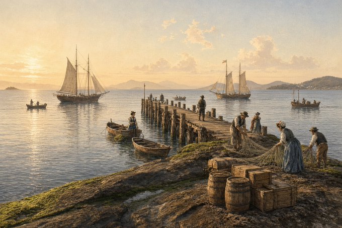 A classical-style painting depicting a serene harbor scene at sunset with sailing ships, a wooden pier, fishermen with nets, and barrels on the shore.