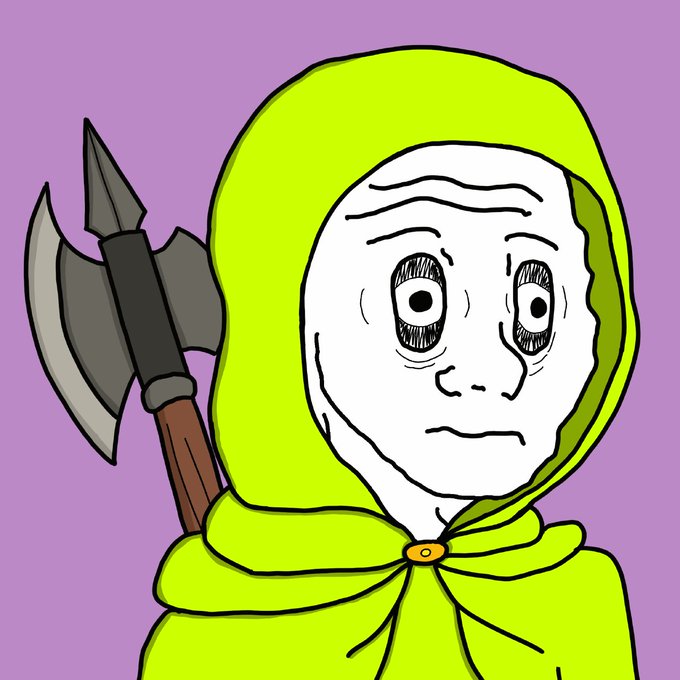 A wojak-style meme illustration of a character in a green hooded cloak holding a double-bladed axe against a purple background.