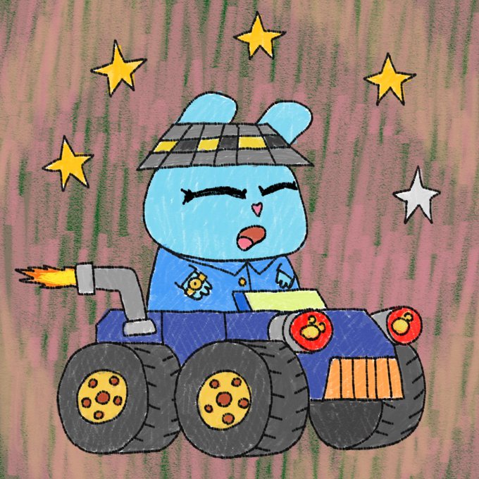 A cheerful blue cartoon character wearing a checkered cap drives a monster truck with rocket exhaust through a starry, textured background. The whimsical illustration visually conveys the "Roadmap will be released soon" message, suggesting an exciting journey ahead as the character speeds forward toward the stars.