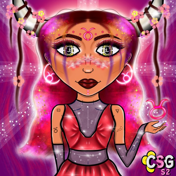 A vibrant digital illustration of a stylized female character with horns, glowing eyes, and zodiac markings on her face and arms, set against a pink cosmic background, with a 'CSG S2' logo in the corner.