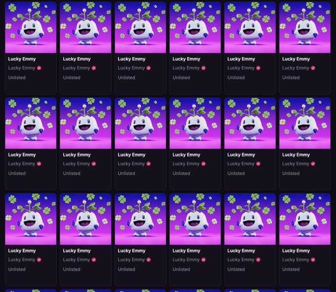 A grid of identical digital collectible cards titled 'Lucky Emmy' featuring a smiling white character with a green clover antenna on a purple background, marked as 'Unlisted'.