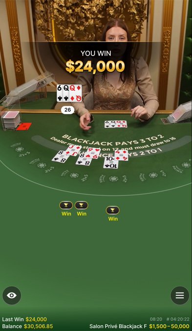 The screenshot shows a digital blackjack game at "Salon Privé Blackjack" where the player has just won $24,000, bringing their balance to $30,506.85, with "Last Win $24,000" displayed at the bottom. The accompanying caption playfully aligns with the gambling success, with the user boasting about their winning streak while promising to share earnings from their crypto wallet with others.