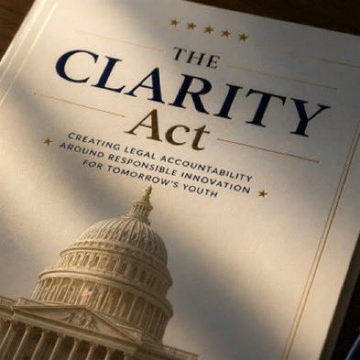 The cover of 'The CLARITY Act,' a document promoting legal accountability and responsible innovation for tomorrow's youth, featuring the U.S. Capitol building.