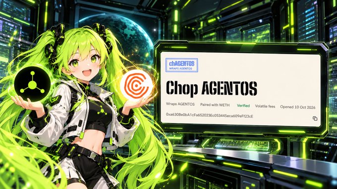 An anime-style character with green hair holds molecular and target symbols next to a panel reading "chAGENTOS - Chop AGENTOS, Paired with WETH, Verified, Opened 10 Oct 2026."