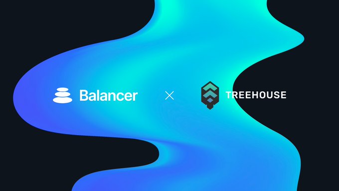 The image presents an advertisement for a company named Treehouse that provides trading services. The company's logo, featuring two stacked stones with one stone being blue and the other green, is prominently displayed at the bottom of the image. The text on the image indicates that this service is available through Balancer or its partnership with Hyperliquid. There are also two instances of the word "treehouse" in the image, suggesting that Treehouse is a business or organization associated with treehouses and related services.