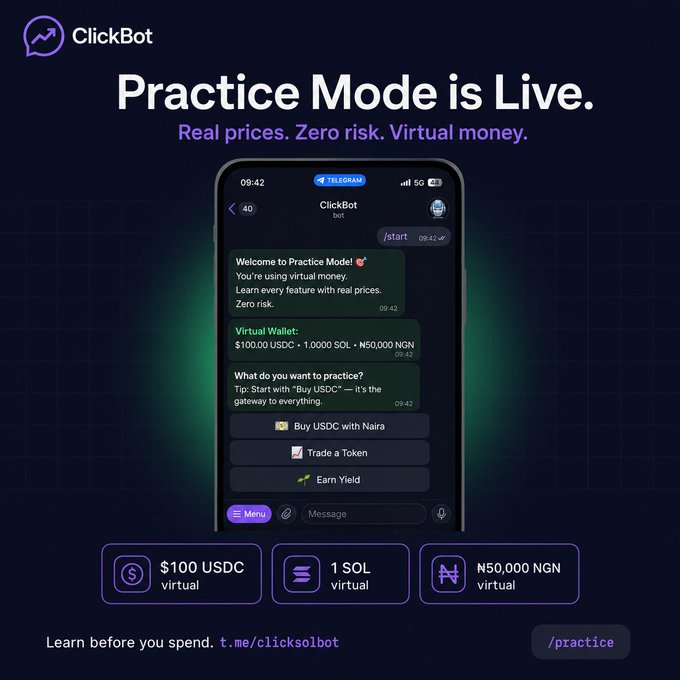 The image shows an advertisement for a new app called Clickbot that offers Practice Mode, which allows users to trade cryptocurrency through a virtual wallet. The app provides detailed instructions on how to use it, including tips on practice before purchasing, where to find payment options, and how much it costs. The post also mentions the importance of understanding real flows and trading for zero risk in this new virtual currency platform.