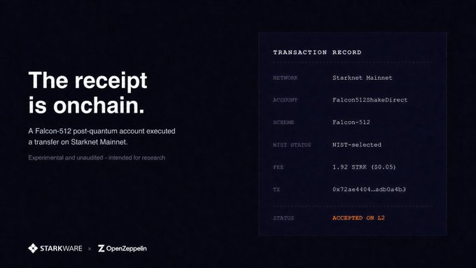 A StarkWare x OpenZeppelin graphic stating "The receipt is onchain," detailing a transaction on Starknet Mainnet using a Falcon-512 post-quantum account.