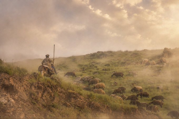A herder on a donkey stands on a rocky ridge holding a staff, overlooking a flock of sheep and goats grazing on a misty, grassy hillside under a cloudy sky. This image corresponds to the objkt.com/tokens/KT1DsTS token mentioned in the accompanying post.