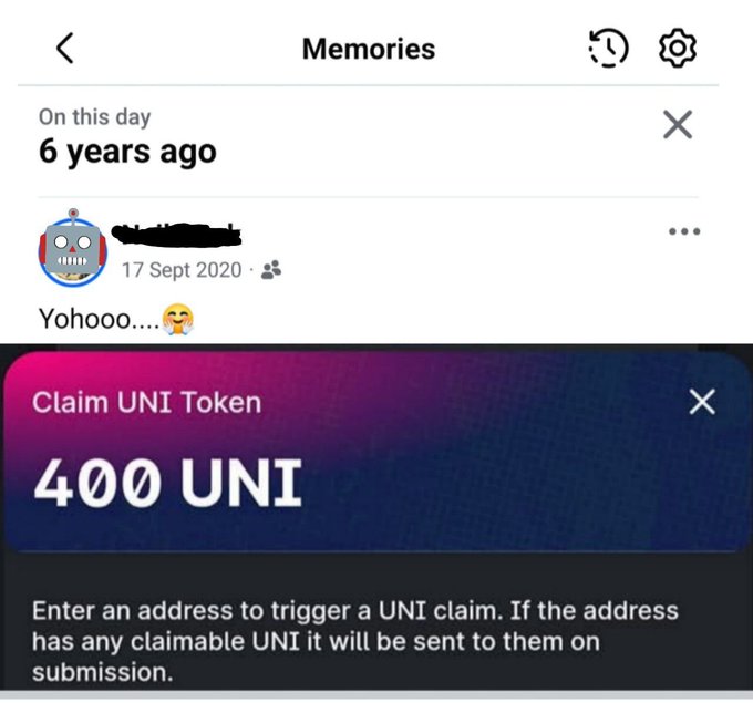 The image shows a "Memories" notification marking "6 years ago" from 17 Sept 2020, overlaid with a Uniswap promotional banner offering to "Claim UNI Token" worth "400 UNI" by entering an address. It visually reinforces the post's point about Uniswap's historic 400 UNI airdrop to early users, now appearing in a nostalgic "on this day" memory six years later.