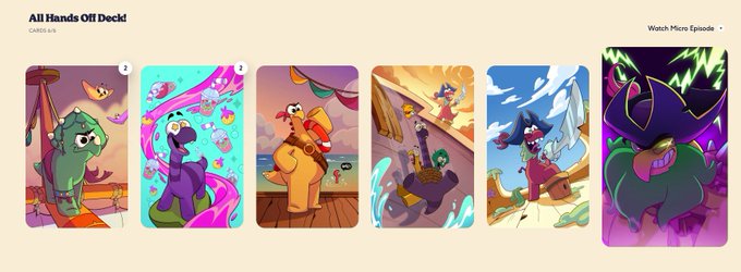 The 'All Hands Off Deck' collection page on Klik, featuring a gallery of colorful digital card illustrations.