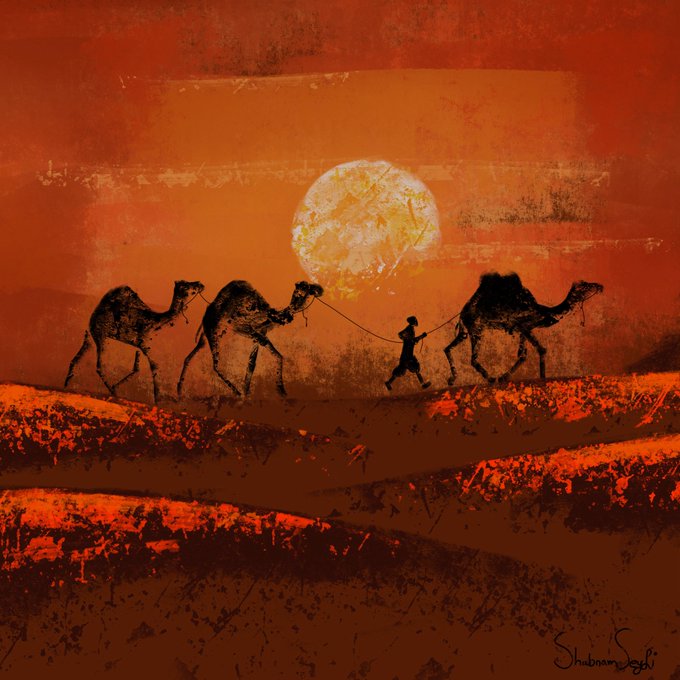 A silhouetted figure leads three camels across a textured, rust-colored desert landscape beneath a glowing sun, with the artist's signature "Shay Shelby '15" visible in the lower right corner, matching the post's reference to the NFT artwork "Camel driver" by @shayshelbyart.