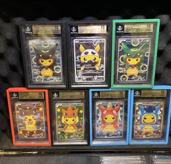 Collection of seven graded Beckett Pikachu Pokémon cards, all rated 10, featuring various Pikachu costumes including Okarina and Japan Expo versions in protective cases.