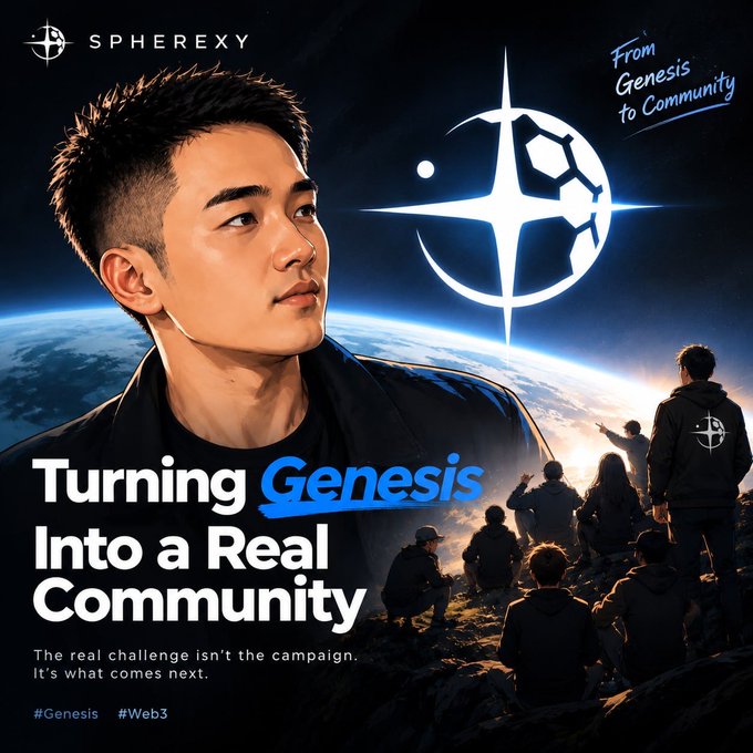 A promotional graphic for 'SPHEREXY' featuring a man's profile, the tagline 'Turning Genesis Into a Real Community,' and hashtags #Genesis #Web3.