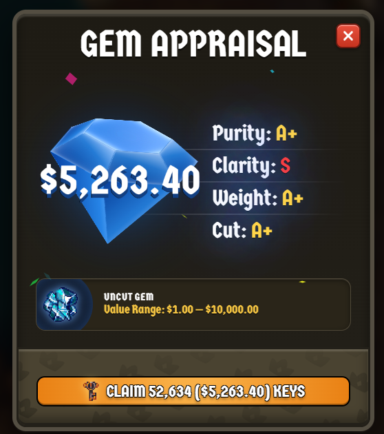 A 'GEM APPRAISAL' screen from a game displaying a blue diamond valued at $5,263.40 with A+ grades for Purity, Weight, and Cut, and an S for Clarity, offering the option to claim 52,634 keys.