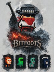 Pixel art game graphic featuring a character with a red bandana and the title 'BITFOOTS' above three small character sprites.