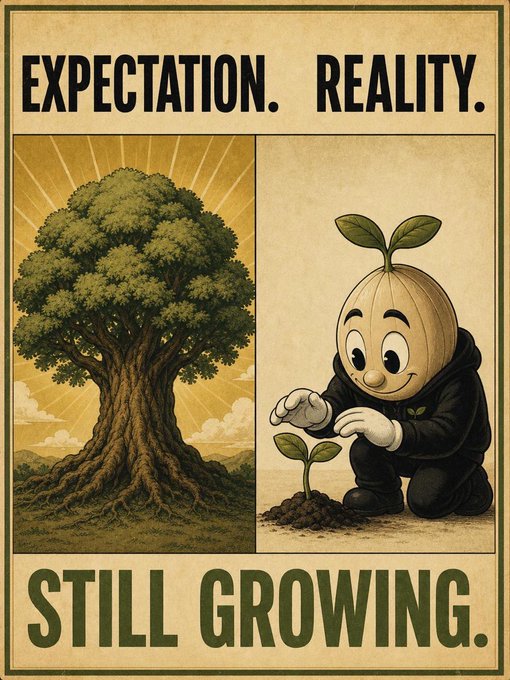 A motivational poster with the text 'EXPECTATION. REALITY. STILL GROWING.' contrasting a large, majestic tree with a small cartoon seed character planting a tiny sprout.