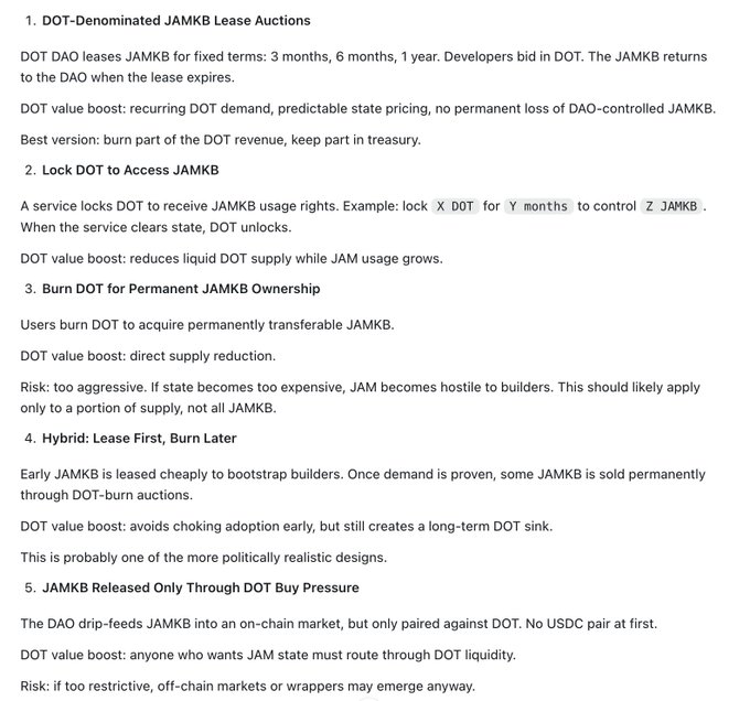 The image outlines five proposed mechanisms for integrating DOT and JAMKB tokens, including DOT-denominated lease auctions, DOT locking for JAMKB access, burning DOT for permanent JAMKB ownership, a hybrid lease-then-burn model, and releasing JAMKB only through DOT buy pressure.

This directly addresses the post's concern about dual-token dilution (similar to NIGHT/ADA) by showing alternative designs where DOT serves as the primary utility and value-capture mechanism, with JAMKB either leased, locked, or purchased through DOT—aiming to concentrate economic value into DOT rather than splitting it across two tokens.