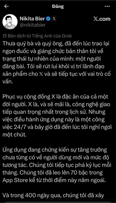 Another mobile screenshot of Nikita Bier's translated X post, with the same content about his advisory role and X app's growth.
