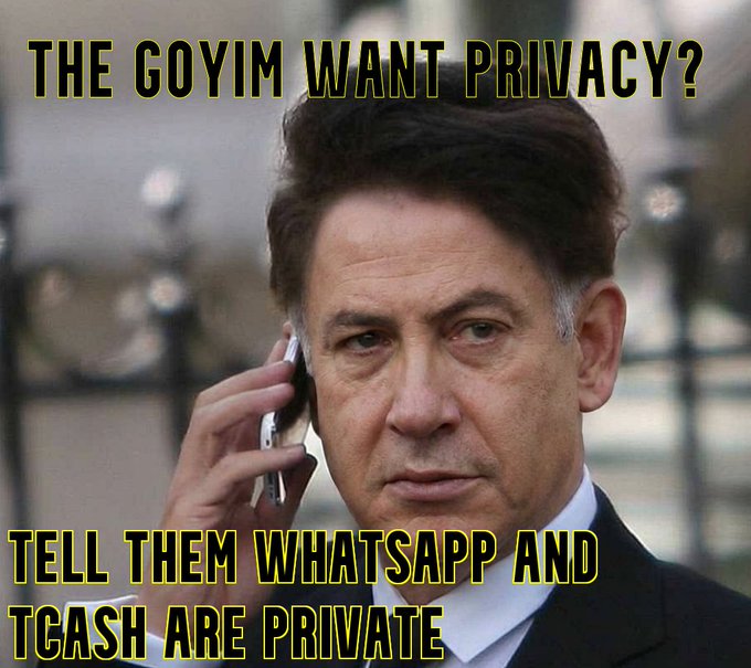 A meme image shows a man on a phone with text "THE GOYIM WANT PRIVACY? TELL THEM WHATSAPP AND TCASH ARE PRIVATE."