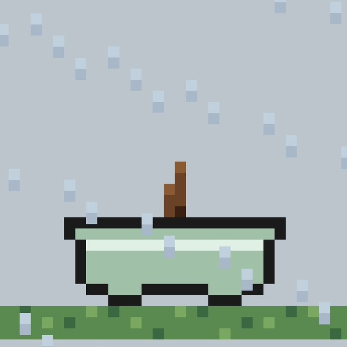 Pixel art showing a green bowl with a brown utensil in a rainy scene with falling raindrops and grass at the bottom.