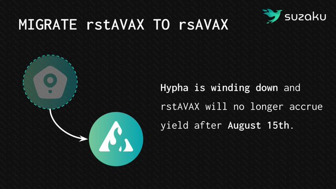 A Suzaku promotional graphic titled 'MIGRATE rstAVAX TO rsAVAX' announces that 'Hypha is winding down and rstAVAX will no longer accrue yield after August 15th.'