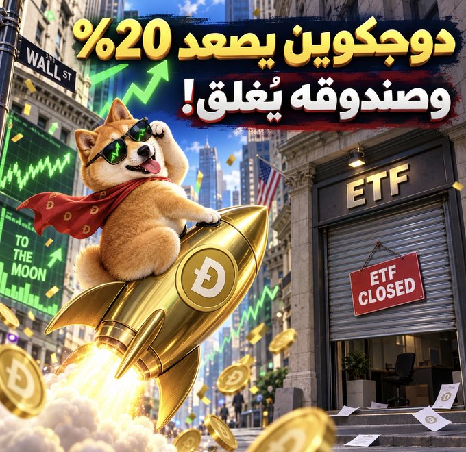 AI-generated image showing a Shiba Inu dog wearing sunglasses riding a rocket, alongside Arabic text '%20' and 'ETF CLOSED' near a Wall Street building.