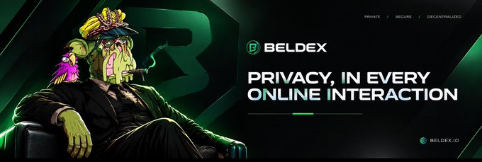 A promotional banner for BELDEX with the tagline 'PRIVACY, IN EVERY ONLINE INTERACTION' featuring an illustrated character wearing a suit and a crown with a parrot on his shoulder.