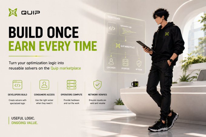 A promotional graphic for 'Quip' with the headline 'BUILD ONCE EARN EVERY TIME', featuring a person in black clothing using a tablet alongside diagrams of optimization logic.