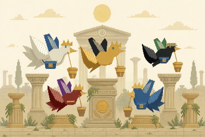 A pixel-art scene shows four crowned birds in blue, black, gold, and maroon robes pulling buckets from a central temple structure, flanked by classical columns under a sunlit sky. The cautionary post about being careful with hyped NFT alphas and using burner wallets suggests the regal birds symbolize opportunistic insiders or pump groups, and the temple depicts the projects being milked.