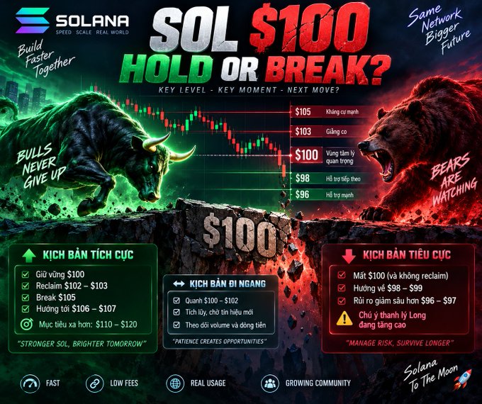 A dramatic promotional graphic for Solana (SOL) at the $100 price level titled 'HOLD OR BREAK?' featuring a bull vs bear scene with Vietnamese scenario analysis for bullish, sideways, and bearish cases.